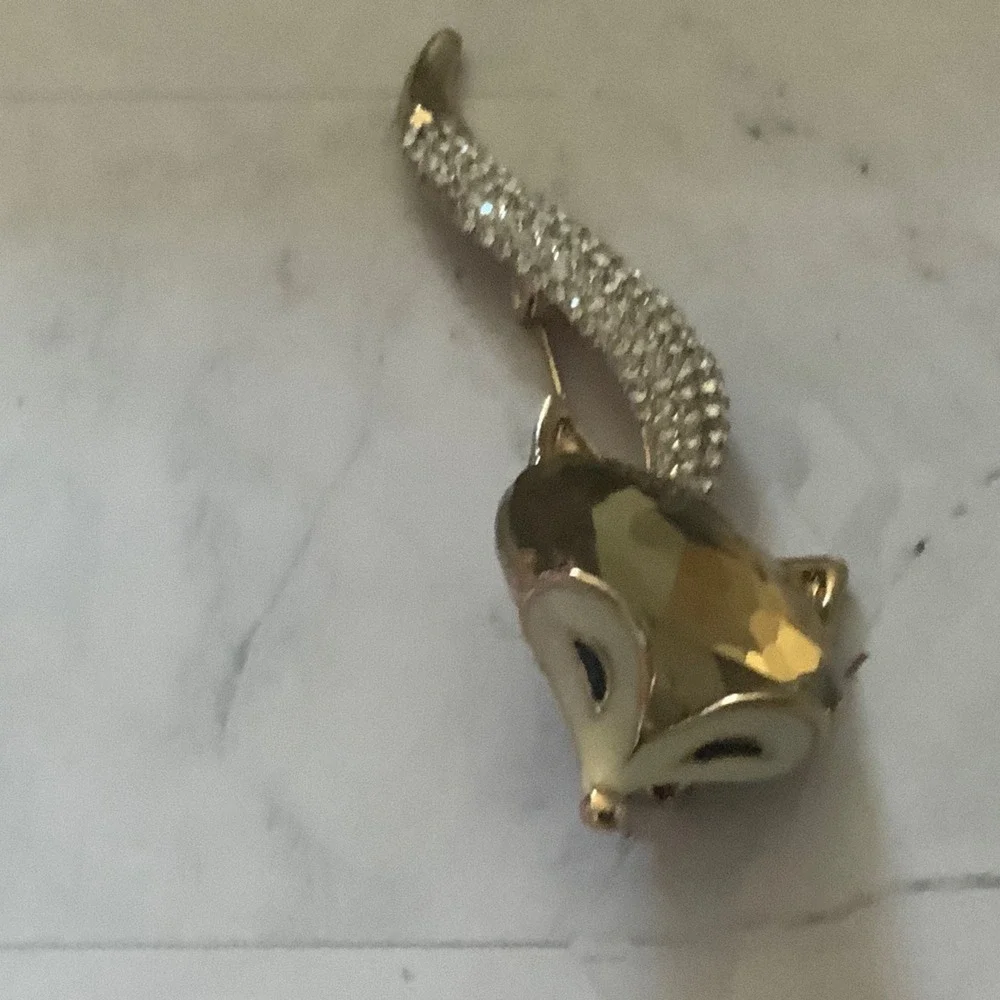 Vintage Enamel Fox Brooch Amber Crystal Rhinestone Gold Tone Animal Pin 3.5